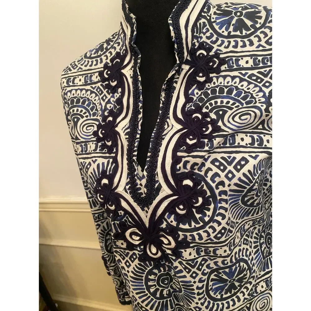 Tory Burch Tunic Shift Dress Mosaic Navy Blue White Tile Work Design Coastal